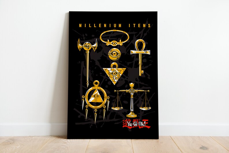 May include: A black and gold poster featuring the text "Millennium Items" and images of the Millennium Puzzle, Millennium Eye, Millennium Rod, Millennium Ring, Millennium Key, Millennium Necklace, and Millennium Scale. The poster also includes the text "Yu-Gi-Oh!" in Japanese.