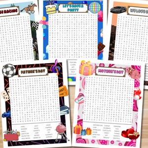 Op de afbeelding: Vier afdrukbare woordzoekpuzzels met een kleurrijk ontwerp. De puzzels zijn thematisch voor paardenraces, een feestje, auto's, Vaderdag en Moederdag. Elke puzzel heeft een lijst met woorden om in het raster te vinden.
