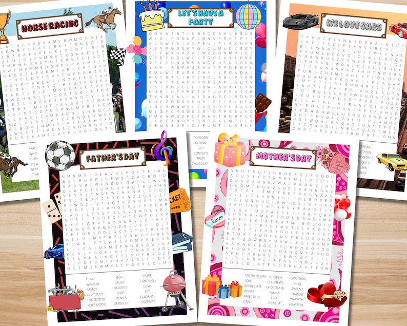 Op de afbeelding: Vier afdrukbare woordzoekpuzzels met een kleurrijk ontwerp. De puzzels zijn thematisch voor paardenraces, een feestje, auto's, Vaderdag en Moederdag. Elke puzzel heeft een lijst met woorden om in het raster te vinden.