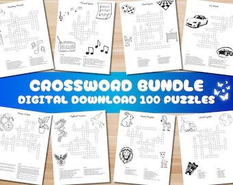 100 Crosswords Bundle | Printable Pages | Puzzles for Adults and Kids | Printable Games | Cross Word Activity | Instant Download PDF