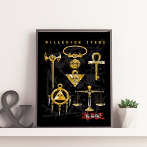 May include: A black and gold print featuring the Millennium Items from the Yu-Gi-Oh! anime series. The items include the Millennium Puzzle, Millennium Eye, Millennium Necklace, Millennium Rod, Millennium Ring, Millennium Key, and Millennium Scale.