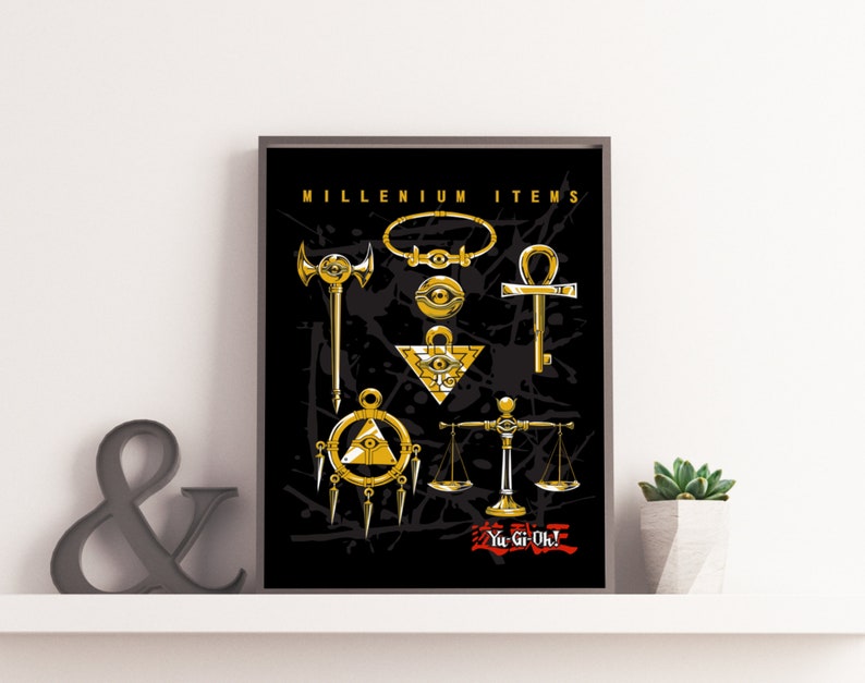 May include: A black and gold print featuring the Millennium Items from the Yu-Gi-Oh! anime series. The items include the Millennium Puzzle, Millennium Eye, Millennium Necklace, Millennium Rod, Millennium Ring, Millennium Key, and Millennium Scale.