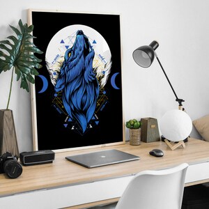 May include: A framed print of a blue wolf howling at the moon with geometric shapes and patterns in gold and white on a black background.
