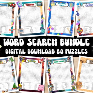 May include: A digital download bundle of 80 word search puzzles. The puzzles feature various themes, including swimming, the news, a birthday party, the national lottery, Christmas, Pokemon, food and drinks, and a bakery. The puzzles are designed for kids and adults.