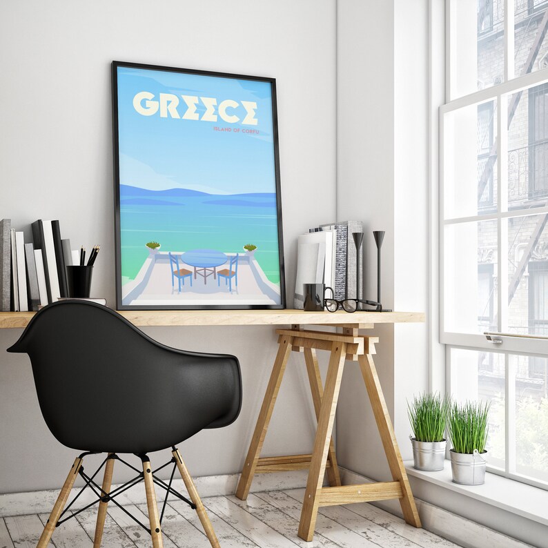 May include: A framed poster with a blue and white illustration of a Greek island scene. The poster has the text "GREECE ISLAND OF CRETE" on it.
