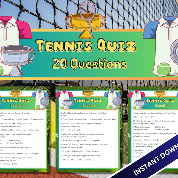 Tennis Quiz | Tennis Trivia | Tennis Tournament Game | Tennis Activities | Tennis Retirement Game | Tennis Birthday Party | Digital PDF