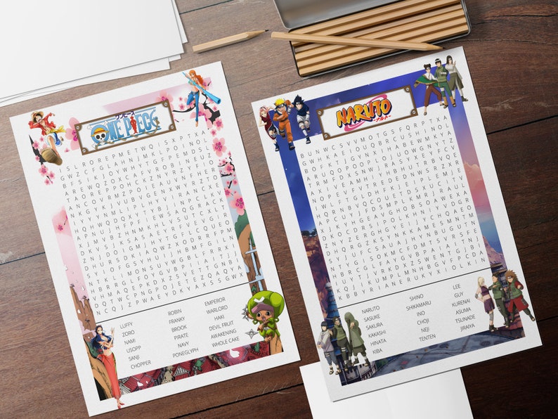 Op de afbeelding: Twee woordzoekpuzzels met personages uit de anime-series One Piece en Naruto. De One Piece-puzzel heeft een roze achtergrond met kersenbloesems en de Naruto-puzzel heeft een blauwe achtergrond met een bergketen. Beide puzzels hebben de titel van de anime-serie bovenaan.