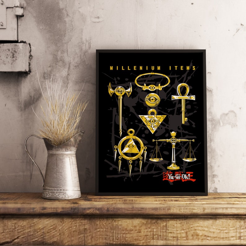 May include: A black and white illustration of the Millennium Items from the Yu-Gi-Oh! anime series. The items are depicted in gold and include the Millennium Puzzle, Millennium Eye, Millennium Rod, Millennium Ring, Millennium Key, Millennium Necklace, and Millennium Scales.