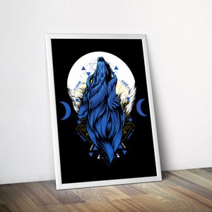 May include: A blue wolf howling at the moon with a geometric pattern behind it. The wolf is surrounded by a circle with the words "evolve" and "wolf" written in it.
