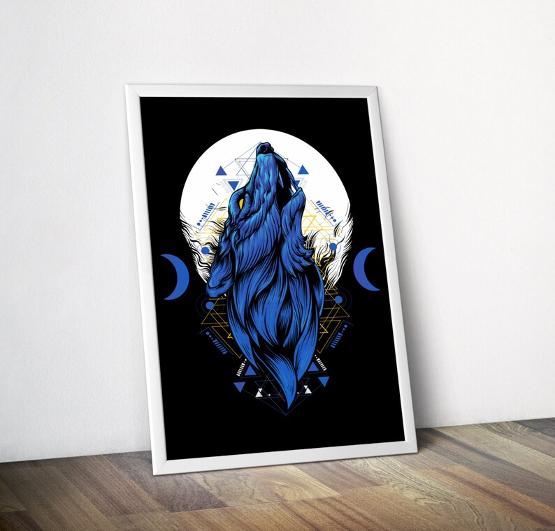 May include: A blue wolf howling at the moon with a geometric pattern behind it. The wolf is surrounded by a circle with the words "evolve" and "wolf" written in it.