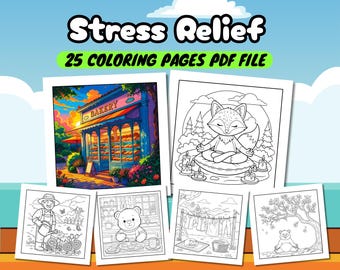 Stress Relief Coloring Book PDF | 25 Coloring Pages | Fun Printable Activity Book | Relaxing Coloring Book