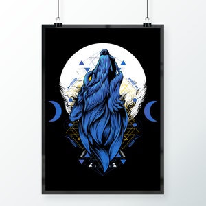 May include: A blue wolf howling at the moon with geometric patterns and crescent moons on a black background.