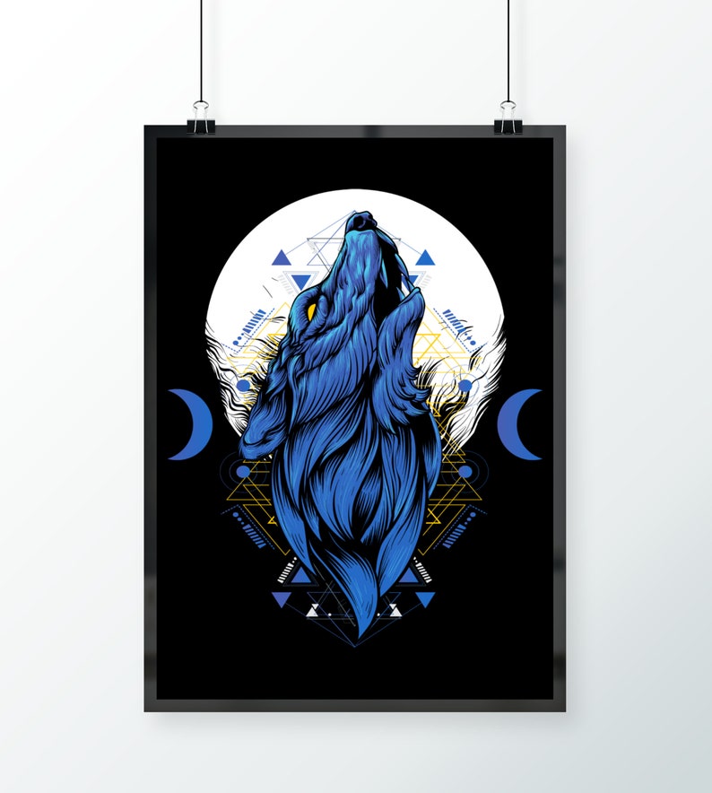 May include: A blue wolf howling at the moon with geometric patterns and crescent moons on a black background.