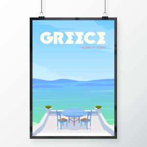 May include: A travel poster with a blue and white color scheme featuring a view of the ocean from a balcony with a table and two chairs. The poster has the text "GREECE ISLAND OF CORFU" in white letters on a blue background.
