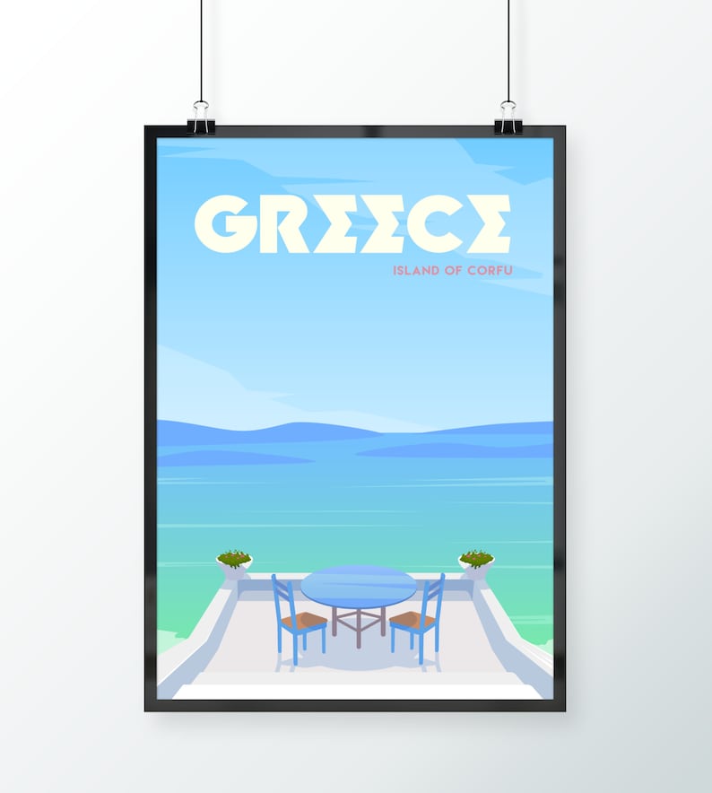 May include: A travel poster with a blue and white color scheme featuring a view of the ocean from a balcony with a table and two chairs. The poster has the text "GREECE ISLAND OF CORFU" in white letters on a blue background.