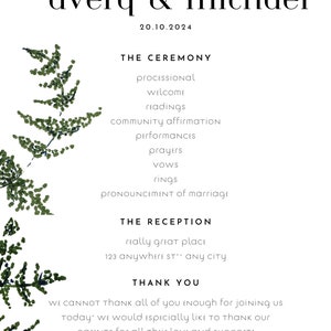 May include: A white wedding program with black text and green botanical accents. The program lists the ceremony details, reception information, and a thank you message. The names "avery & michael" are at the top, with the date 20.10.2024.