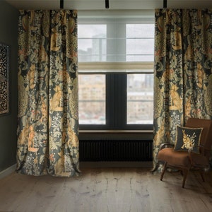 William Morris Curtains Forest Blackout Custom Vintage Floral Print - Green, Baige, Black colors