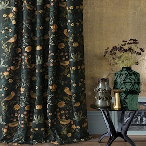 William Morris Curtains Strawberry Thief Custom Blackout Linen Drapes Black Vintage Floral Print Velvet Pattern Green Curtains Bedroom