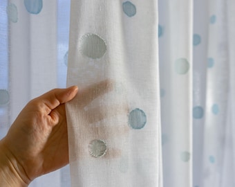 Embroidered Blue Polka Dot Linen Sheer Curtains: Modern Scandinavian Nursery Decor