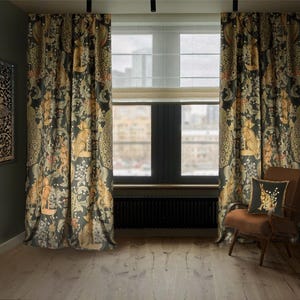 William Morris Curtains Forest Blackout Custom Vintage Floral Print - Green, Baige, Black colors Linen Cotton for Bedroom, Living room
