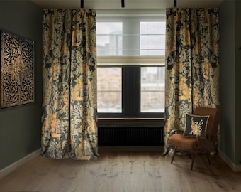 William Morris Curtains: Vintage Forest Print, Charcoal Linen Drapes