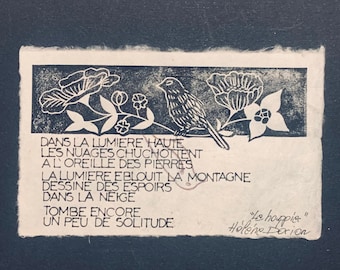Linocut on paper - poem by Hélène Dorion