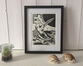 Linocut, engraving on paper “Under the moon” / hand carved and hand printed linocuts