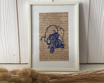 linocut on paper Elephant and initial