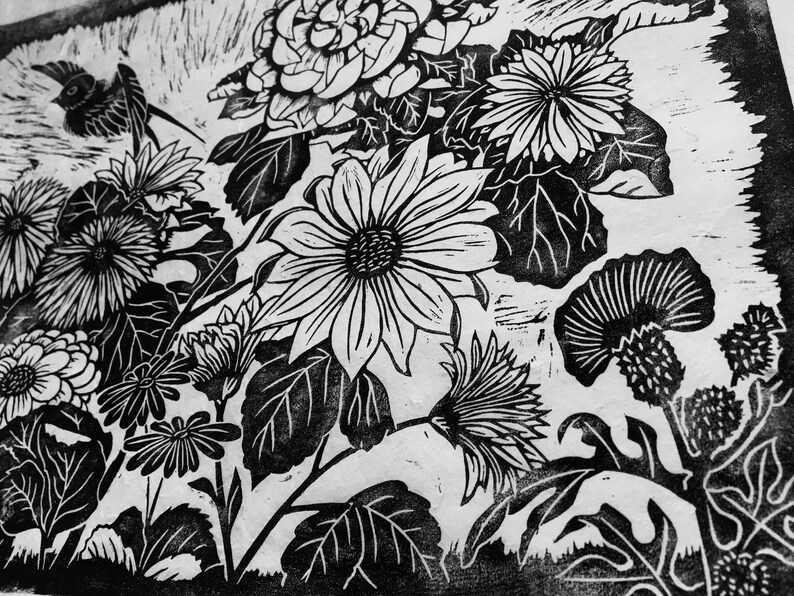 Linocut Hand Printed on Nepalese Paper the Bird and Flowers / Linocut