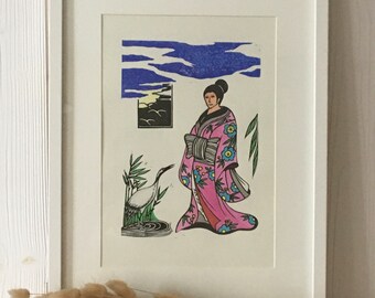 Linocut on paper / engraving "japanese series"