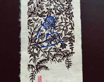 Linocut on Nepalese paper / hand carved and hand printed linocuts