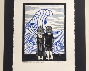 Linocut, engraving on paper “Window on the sea” / hand carved and hand printed linocuts