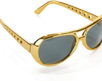 King of Rock Elvis 1970's Gold Framed Sunglasses Fancy Dress Accessory