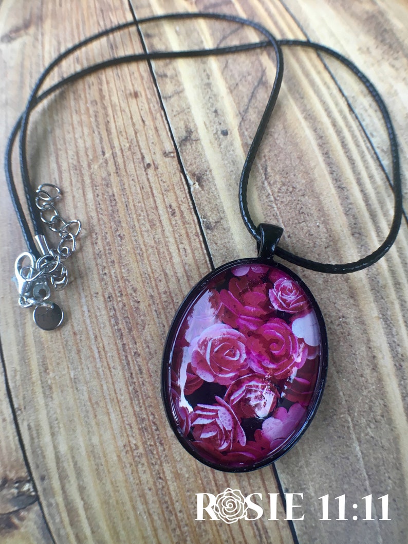Pretty Pink Roses jewelry pendant handmade and sealed with a glass cabochon wearable art