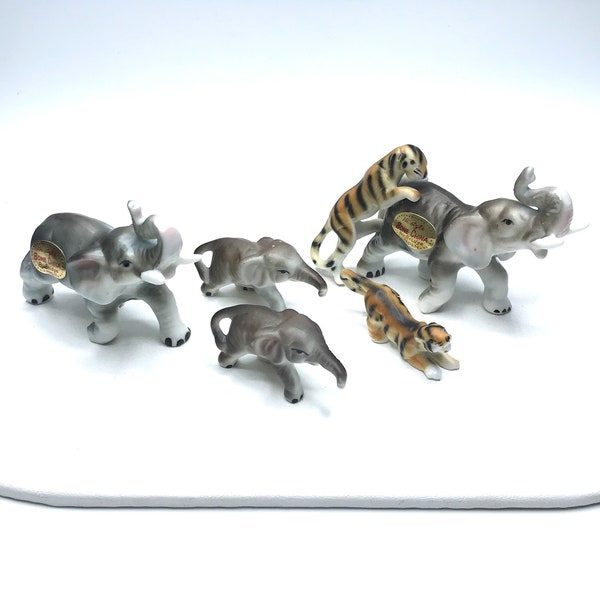 Set of 5 Vintage Hi Style by Bridge Elephant and Tiger Miniature Bone China Figurines