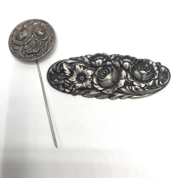 Vintage S Kirk and Son Sterling Silver Repousse Oval Floral Brooch and Round Stick Pin