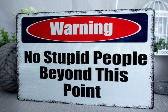 METAL SIGN WALL DOOR /"WARNING NO STUPID PEOPLE BEYOND THIS POINT/" VINTAGE STYLE