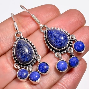 Genuine Lapis Lazuli Earring, 925 Sterling Silver Earring, Handmade Earring Jewelry, Dangle Earring, Gift For Mother.
