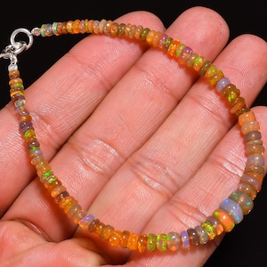 Yellow Fire Ethiopian Opal Beaded Bracelet, Gemstone Bracelet, Natural Opal Bracelet, Fire Opal Rondelle Beads Bracelet, Silver Bracelet.
