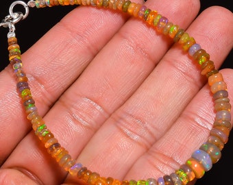 Yellow Fire Ethiopian Opal Beaded Bracelet, Gemstone Bracelet, Natural Opal Bracelet, Fire Opal Rondelle Beads Bracelet, Silver Bracelet.