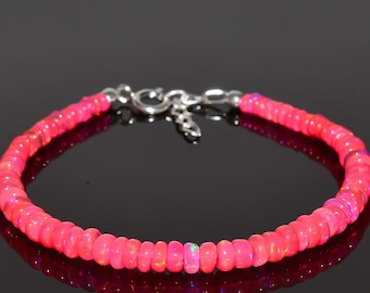 MIND BLOWING ~ Pink Fire Ethiopian Opal Bracelet, Natural Pink Opal Bracelet, Smooth Opal Bracelet, Handmade Bracelet 925 Sterling Silver.