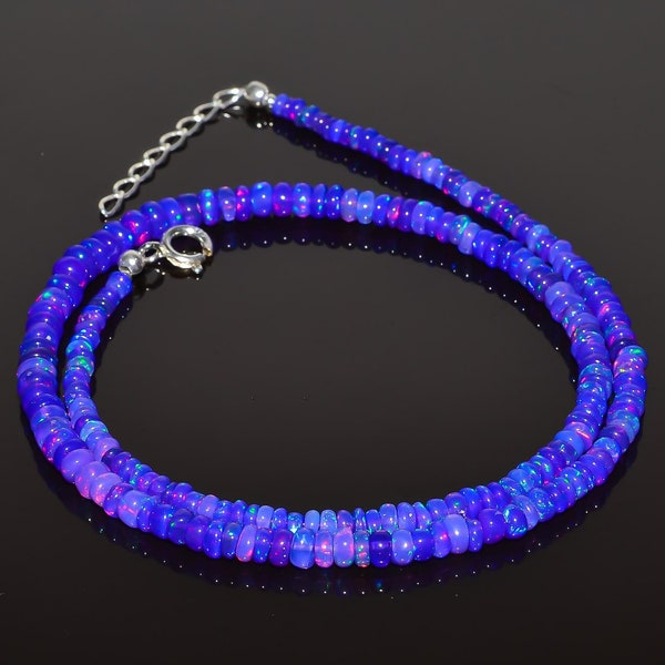 Lavendel Feuer äthiopische Opal Perlenkette, Top-Qualität äthiopische Opal Halskette, Feueropal, Edelstein-Halskette, 925 Sterling Silber.