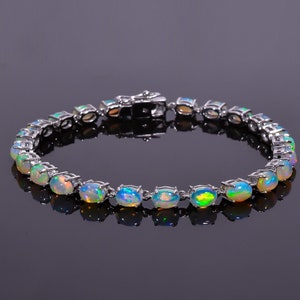 Natural Ethiopian Opal Oval Shape Tennis Bracelet, Elegance Rare Fire Opal Bracelet, 925 Sterling Silver Bracelet, Gemstone Bracelet.