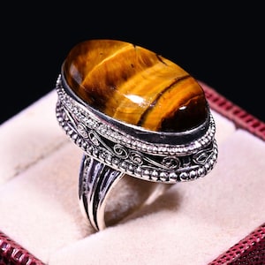 Tiger&#39;s Eye Ring, 925 Sterling Silver, Handmade Ring, Statement Ring, Engagement Ring, Gift For Mother Tiger Eye Silver Ring Jewelry.