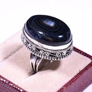 Banded agate silver ring ,Boho Ring, Black banded agate silver , handmade silver ring , solid ring , agate ring , Oval shape Gemstone