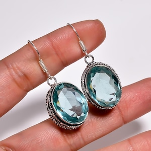 AAA+ Aquamarine Silver Earring, Hook Wire Earrings, 925 Sterling Silver Earring, Silver Dangle Drop Earrings Best For Women & Girls.