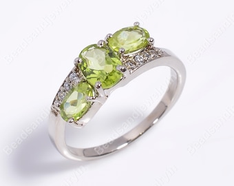 Bague Péridot Véritable En Argent Sterling - Taille 10 Et Plus - Signe Du Mois D'août