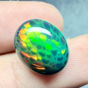 May include: An oval-shaped cabochon gemstone featuring a dark green base color with a distinct honeycomb pattern. The surface displays vibrant flashes of iridescent orange, yellow, and bright green light that shift across the polished stone.