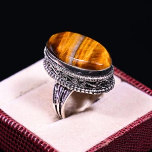 Natural Tiger&#39;s Eye Ring, 925 Sterling Silver, Handmade Ring, Statement Ring, Engagement Ring, Gift For Her, Tiger Eye Silver Ring Jewelry.