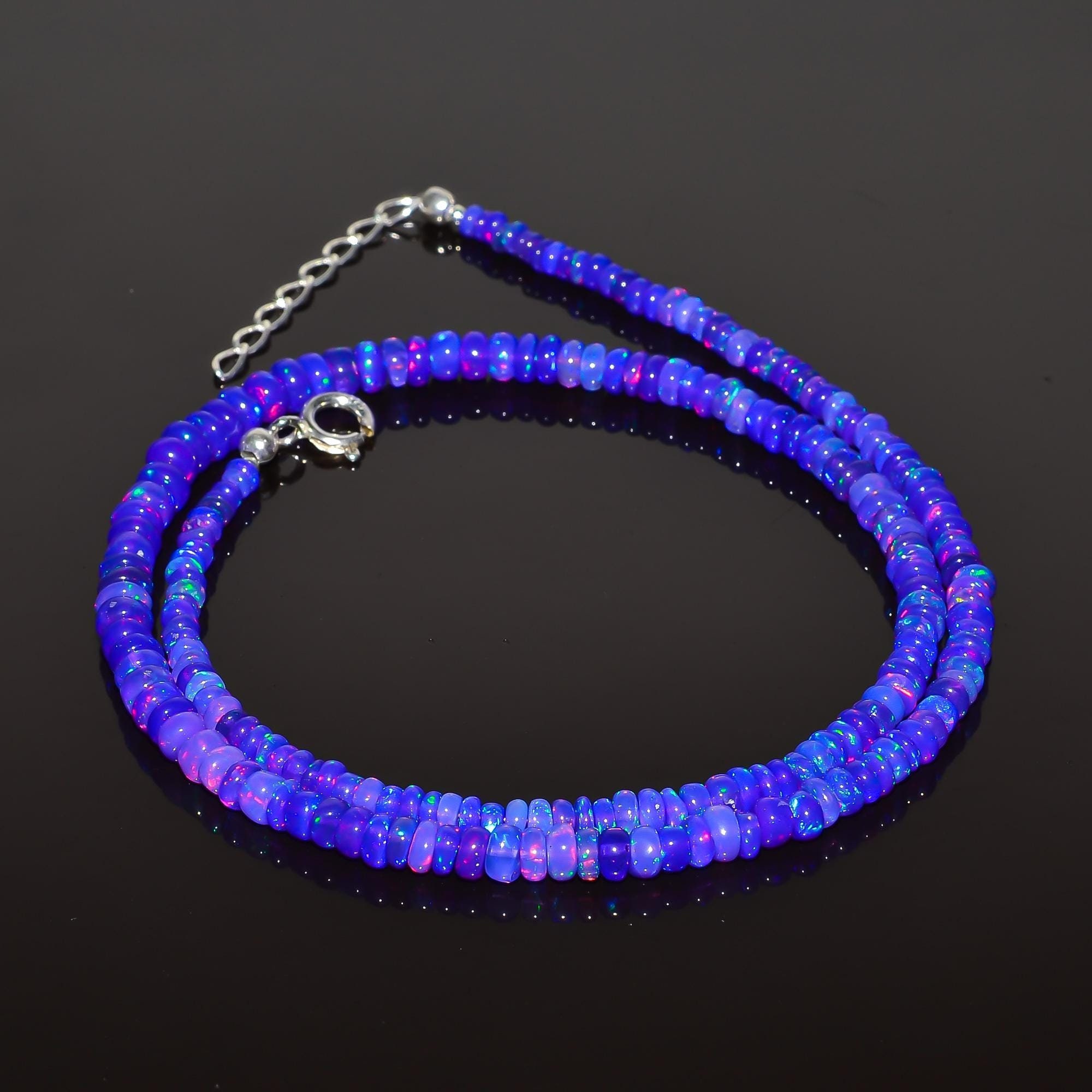 Lavender Fire Ethiopian Opal Beaded Necklace, Top Quality Ethiopian Opal Necklace, Fire Opal, Gemstone Necklace, 925 Sterling Silver.